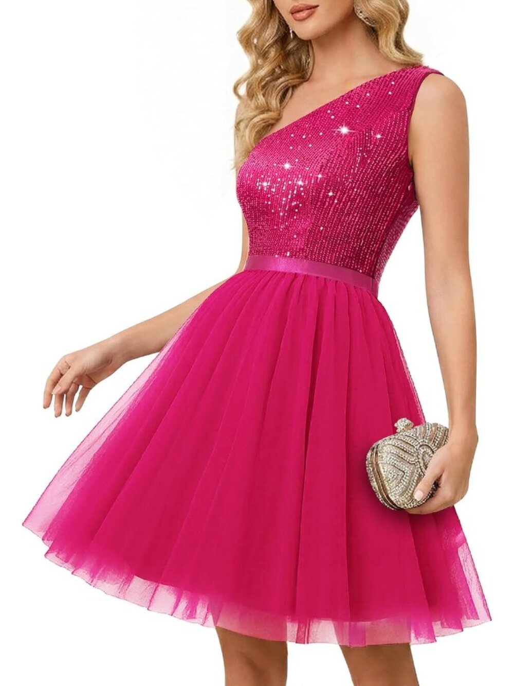 Women's Hot Pink One Shoulder A-line Silhouette Cocktail Bodycon Maxi Dress